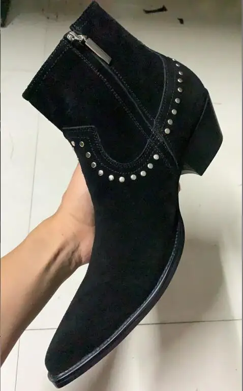 Shiny Rivets Black flock Top Quality Men Chelsea Boots Ankle Flats Side Zipper Euro size 45 46 shoes women Trainers | Обувь