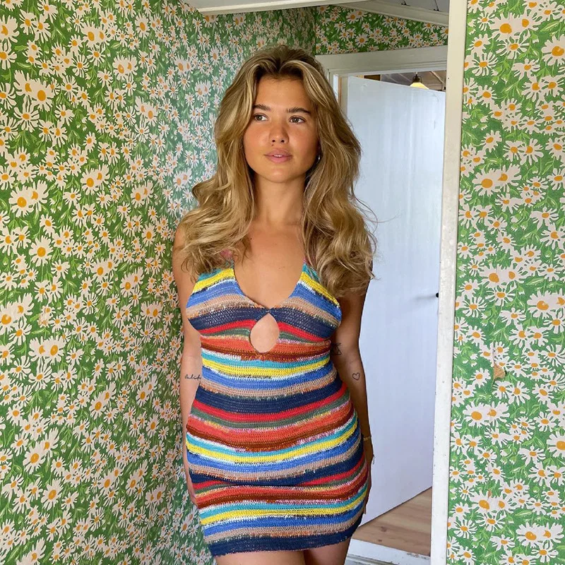 

Clubwear Striped Print Y2K Halter Sundresses Women Sexy Hollow Out Colorful Dress Evening Bodycon Slim Cloth Retro Cuteandpsycho