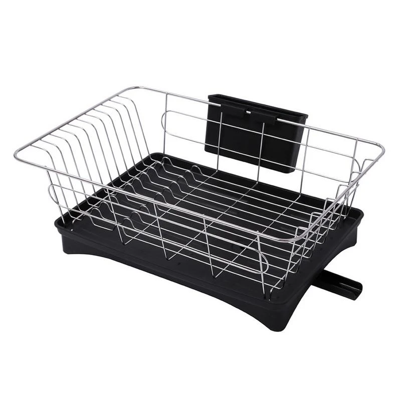 

Stainless Steel Dish Drainer Drying Rack With 3-Piece Set Removable Rust Proof Utensil Holde For Kitchen Counter Storage Rack Bl