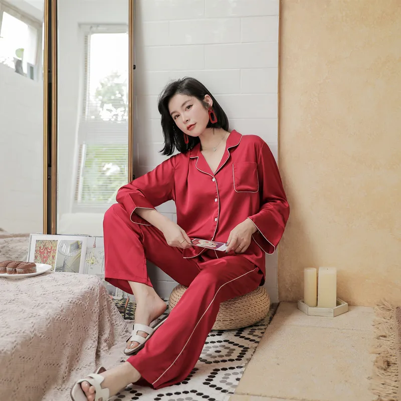 

2020 Spring New Faux Silk Women 2PCS Shirt&Pant Pajamas Sets Sexy Lounge Turn-down Collar Home Wear Underwear Solid Sleepwear