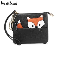 westcreek brand fox pattern slim genuine leather cute coin purse and card clip wrist small wallet with key ring