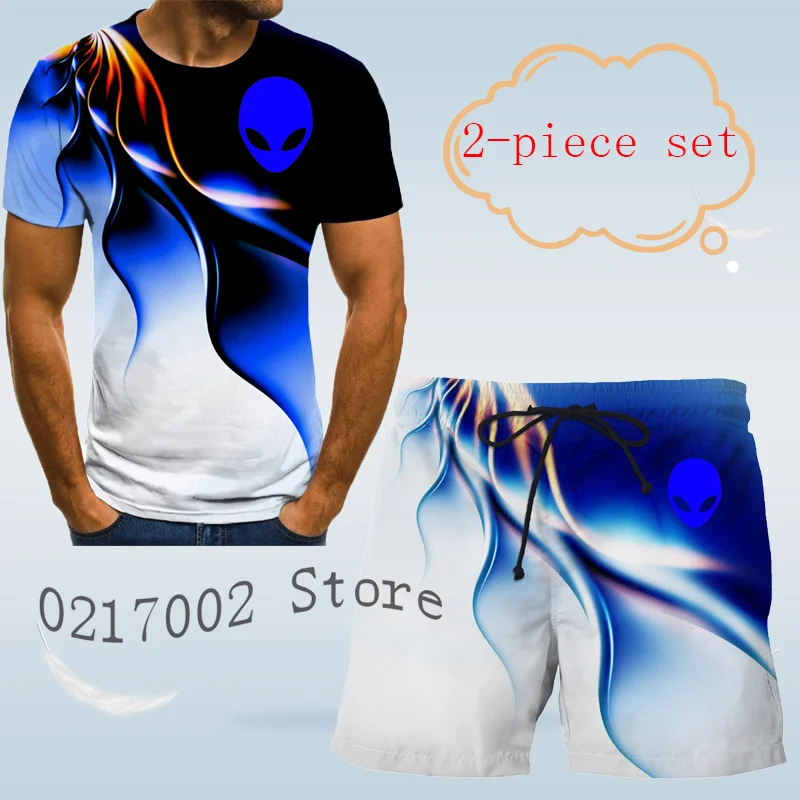 

Мужской комплект из 2 предметов, летняя футболка с принтом инопланетян и шорты, пляжный костюм, шорты, гавайская рубашка, модная одежда