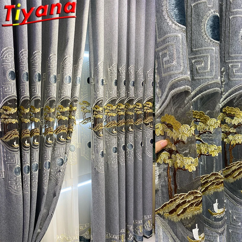 

Grey/Blue Chinese Luxury Chenille Embroidery Tulle Curtains for Living Room Pine Trees Window Drapes for Bedroom#VT