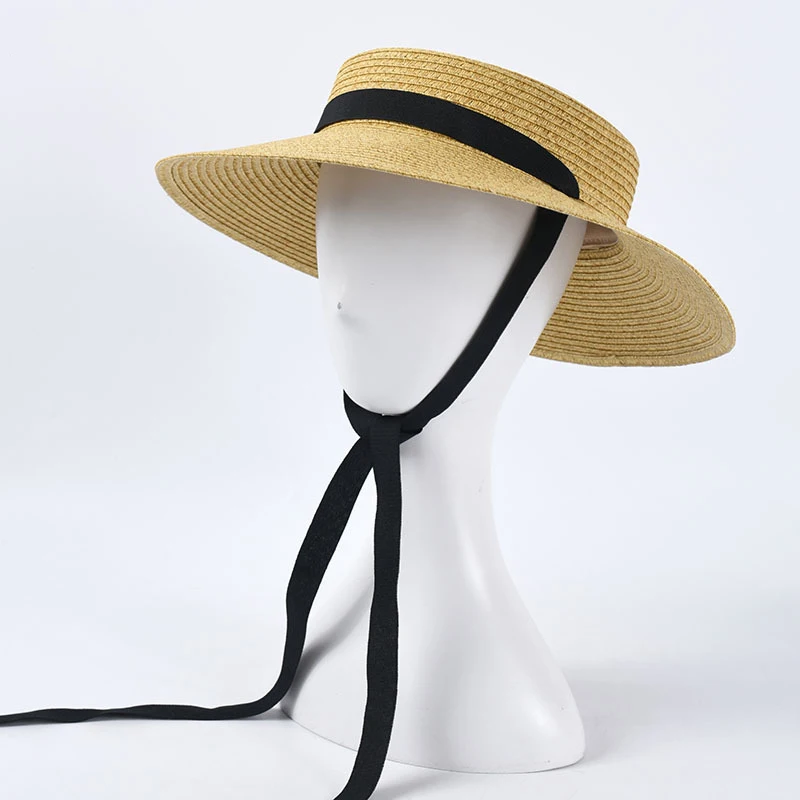

Шляпка Соломенная женская с плоским верхом, Панама от солнца с длинной лентой, с широкими полями, H48, лето 2020