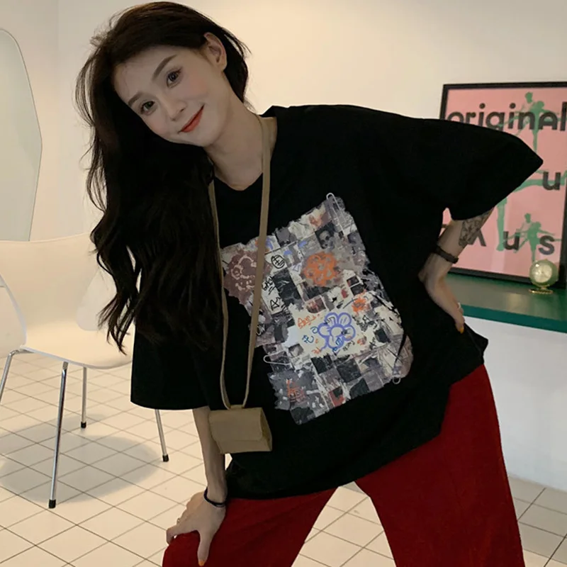 Женские винтажные футболки с принтом повседневные Свободные корейские рубашки в