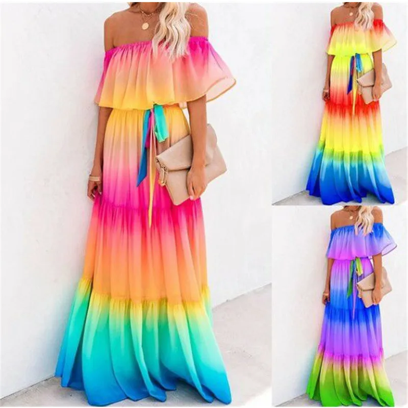 

2020 Summer New Clothing Tie-dye Stitching Printing Sexy One-shoulder Big Hem Dress Color Belt Ruffled Long Chiffon Dress