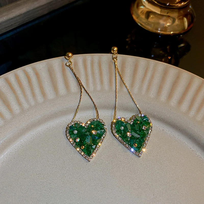 

LOVOACC Luxury Green Shinning Clear Crystal Love Heart Pendant Earrings for Women Ladies Long Tassel Hanging Earring Accessories