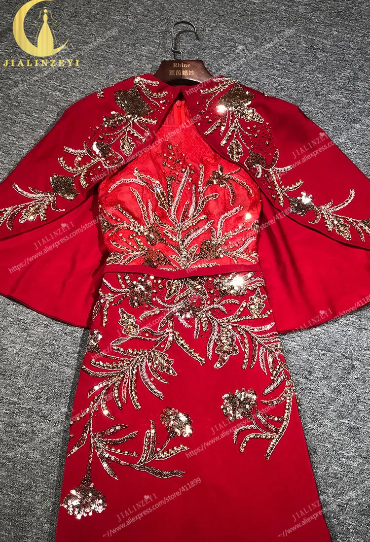 Rhine real Pictures Red Two Peices Satin Gold Beads Mermaid Floor Lengyth Dress Of Mother Arabic Evening Dresses Long