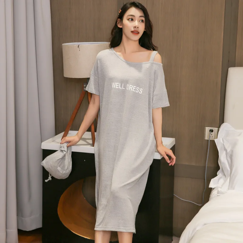 

Spring Summer Stripe Loose Short Sleeve Mid-Calf Women's Nightdress Thin Fashion Nightgown & Sleepstirts Home Wear Sleepwear