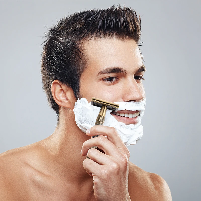 Мужская классическая двухсторонняя ручная бритва с длинной латунной ручкой 3 шт.