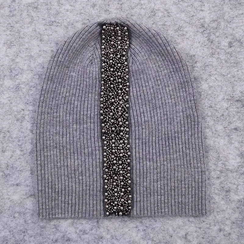 light gray A GZHilovingL, новинка, весенние хлопковые эластичные полосатые шапочки, шапки для женщин, мягкая шерсть, Перламутровые Бусины, ремешок, вязанные шапочки и шапки - Цвет: light gray A
