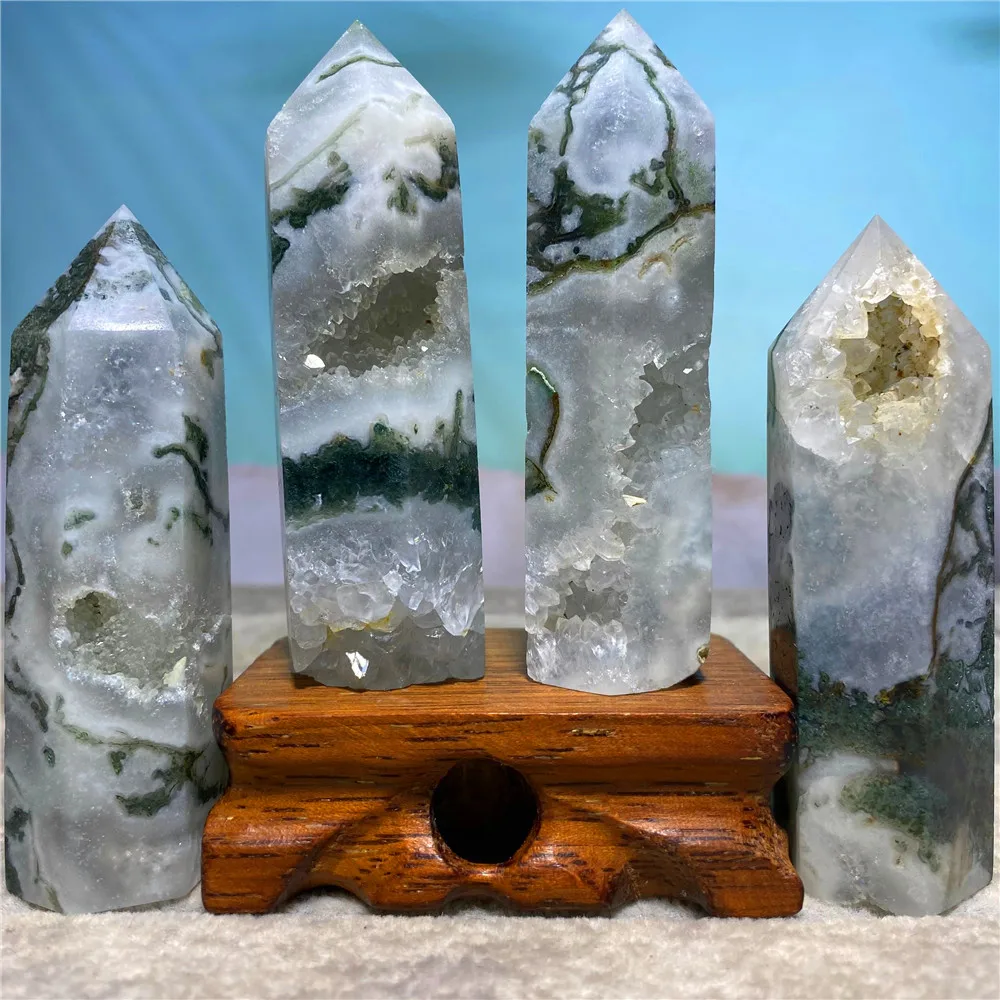 Агат цвета зеленого мха друзный натуральный камень и Хрустальная башня лечебные