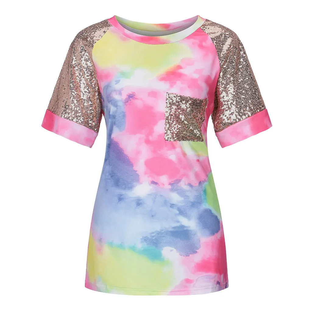 Летняя женская футболка с карманом Повседневная галстуком-краской/камуфляжной