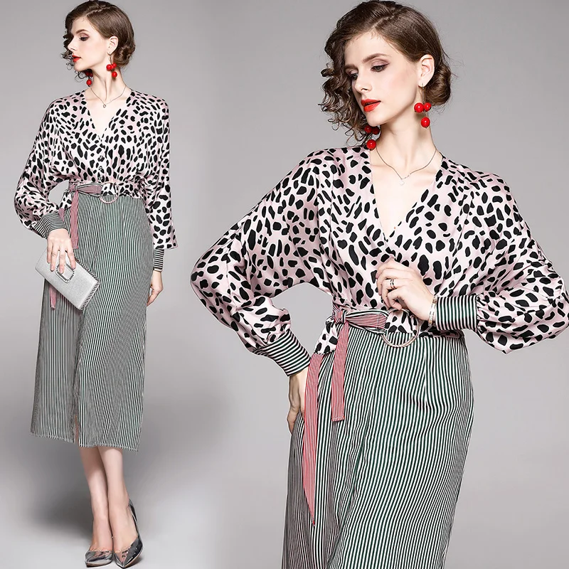 

VAIR MUDO Spring Autumn Dress Women New Leopard Print V-Neck Long-Sleeved Lace-Up Waist Temperament Office Lady Elegant Y-18