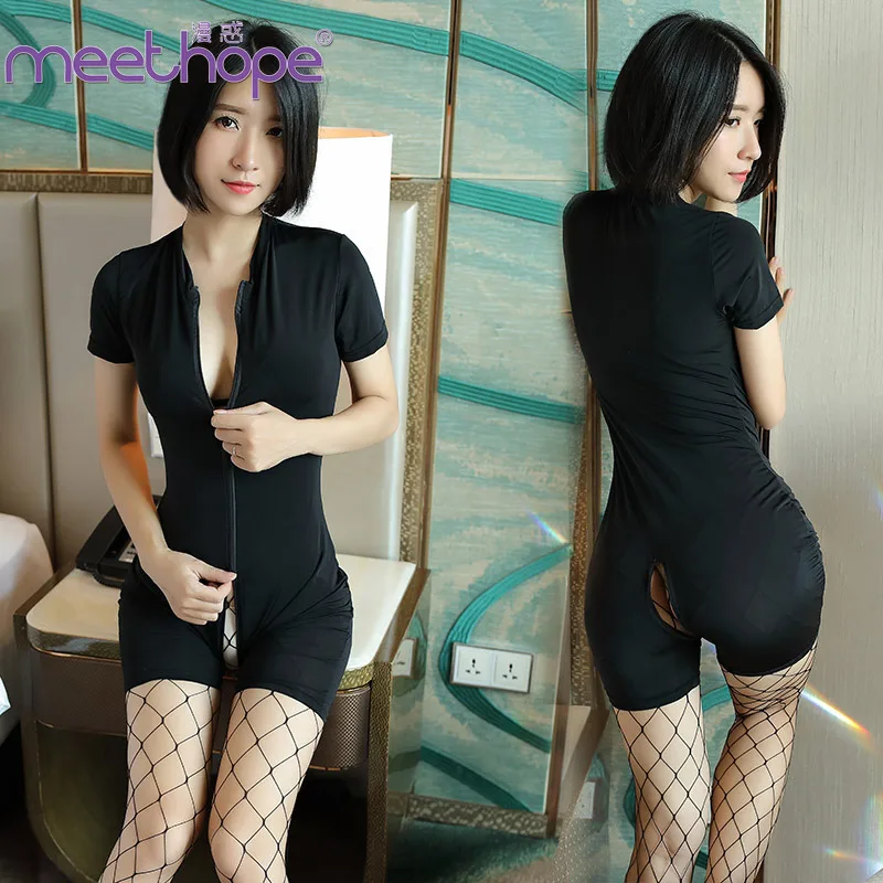 Сексуальное нижнее белье двусторонний на молнии черный короткий рукав боди