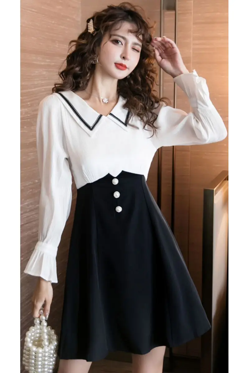 

COIGARSAM Patchwork Women one-piece dress korean Full Sleeve Chiffon Peter pan Collar Dresses Black 6963