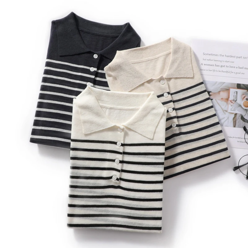 

Summer Clean Pretty Striped Tops Women Square Collar Short Sleeve Casual Loose Knitwear Pullover Female Elegant Chic Lady Tops