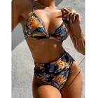 2021 черный комплект бикини, купальник с высокой талией, женское бикини пуш-ап, сексуальный купальник, бандажный купальный костюм с лямкой на шее, однотонное бикини