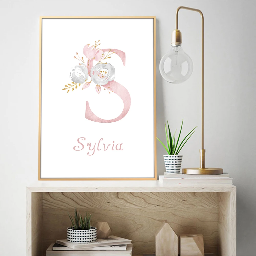 

Personalized Baby Girl Name Wall Poster Picture Pink Art Letter Flower Kid's Living Room Decor Aesthetic Canvas Painting