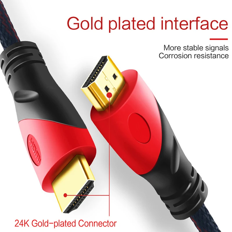 Высокоскоростной HDMI кабель позолоченный Соединитель с красной, черно-белой сеткой 1080 P, 0,5 m, 1 m, 1,5 m, 2 m, 3 m, 5 m, 8 m, 10m