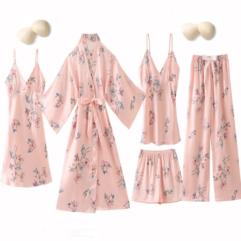 Silky Satin Pajamas Sleep Suit Lady Sexy Strap Top&pants Nightwear Casual Print Sleepwear Spring New Home PJS Pyjamas Sets