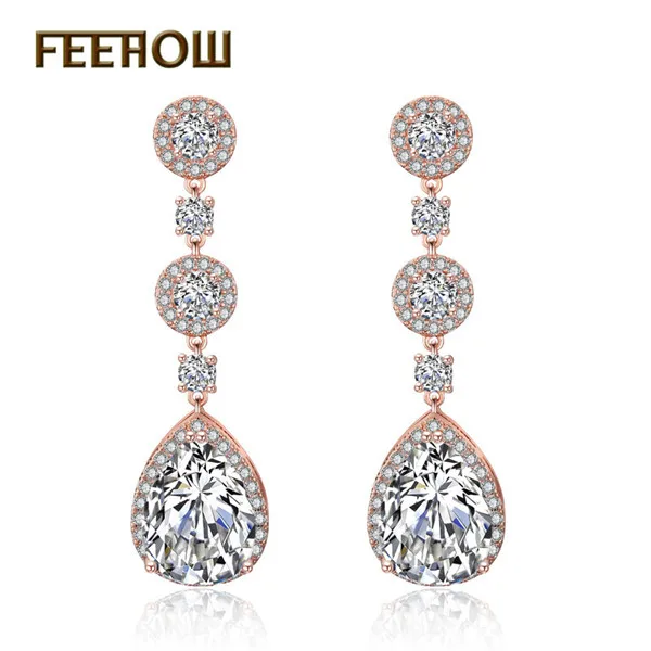 FEEHOW, классические, прозрачные, AAA, кубический циркон, капля воды, длинные, модные серьги-подвески для женщин, для свадьбы, ужина, вечерние, ювелирные изделия, FWEP2008