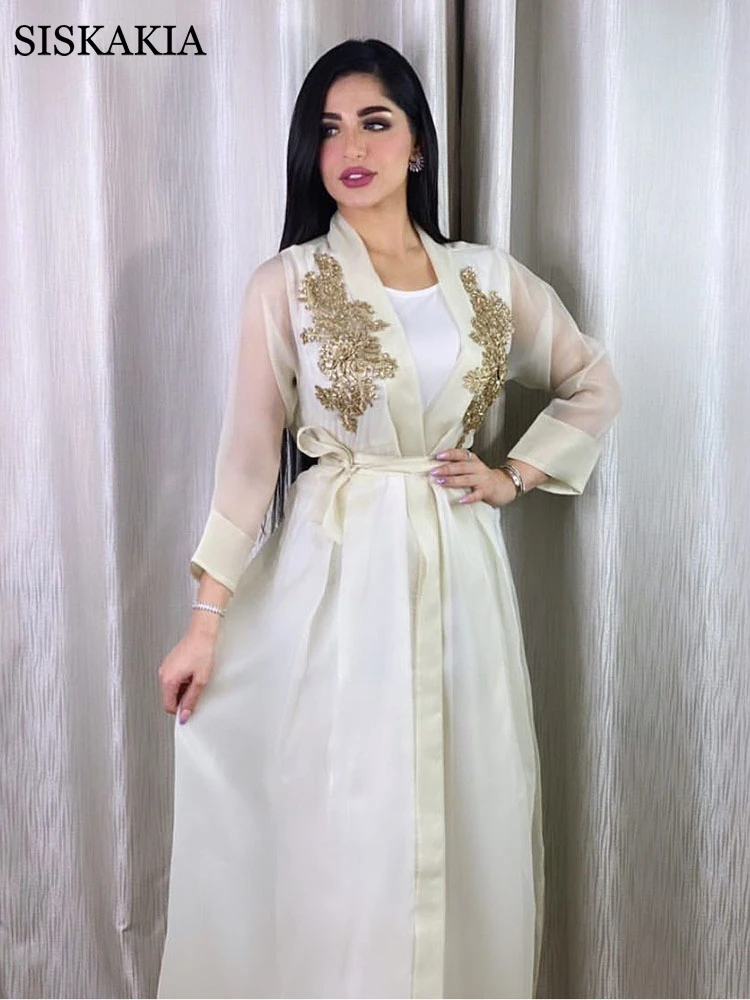 

Комплект женский из двух предметов Siskakia, кимоно с 3D вышивкой и жилеткой, длинное платье, скромная мусульманская одежда в арабском стиле из Д...