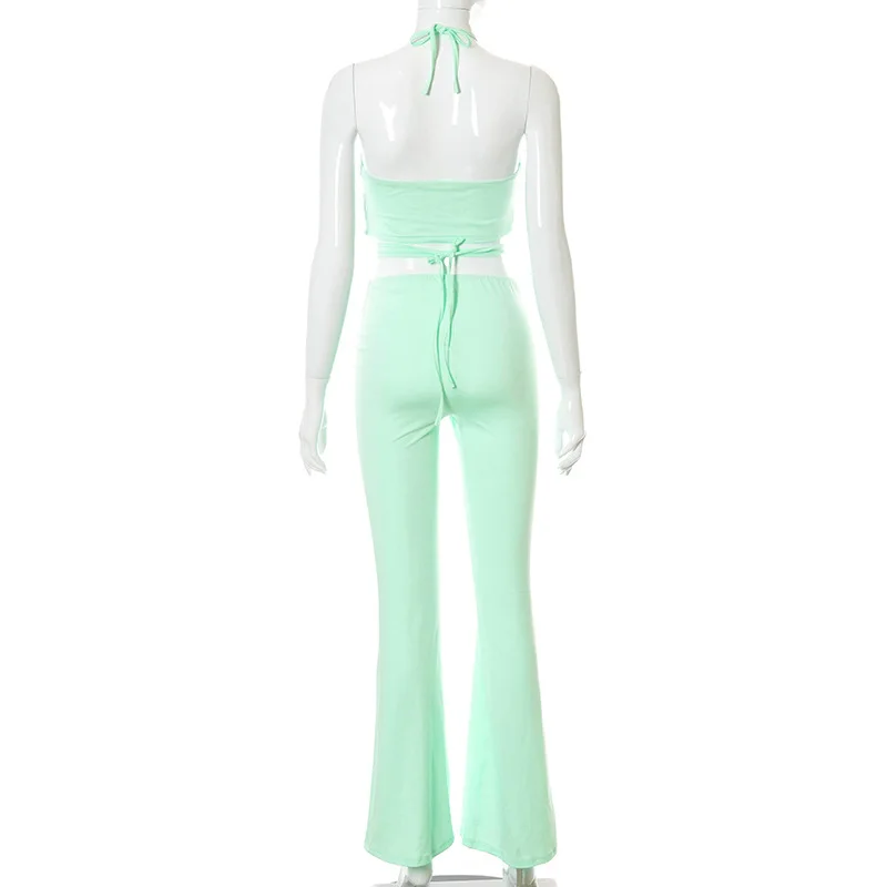 

Halter Criss Cross Cut Out Sexy Knit Top and Flare Pants Set Elegant Club Fashion Outfits Two Piece Matching Set