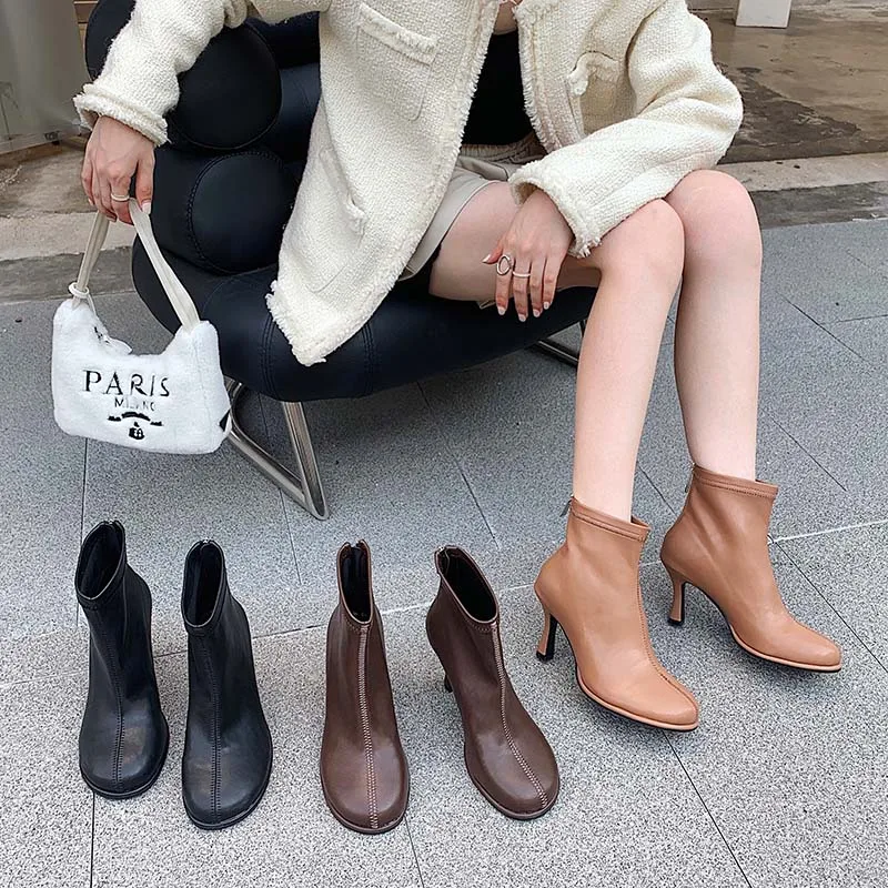 

Round Toe Women Ankle Boots Stretch Shoes Thin High Heels Pumps Back Zipper Black/Brown/Khaki Ladies Solid Color Fashion Pumps