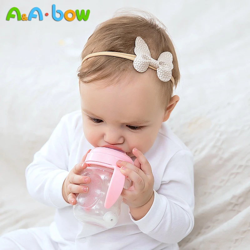 Diadema el&aacute;stica de piel sint&eacute;tica para beb&eacute;, bandanas con lazo de mariposa para ni&ntilde;a, accesorios para el cabello de nailon suave de Color caramelo, 1 ud.-0