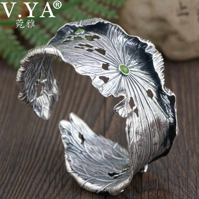 V.YA 925 Sterling Silver Bracelet Women Wide Thai Vintage Craft Lotus Leaf Open Bangles Jewelry | Украшения и аксессуары