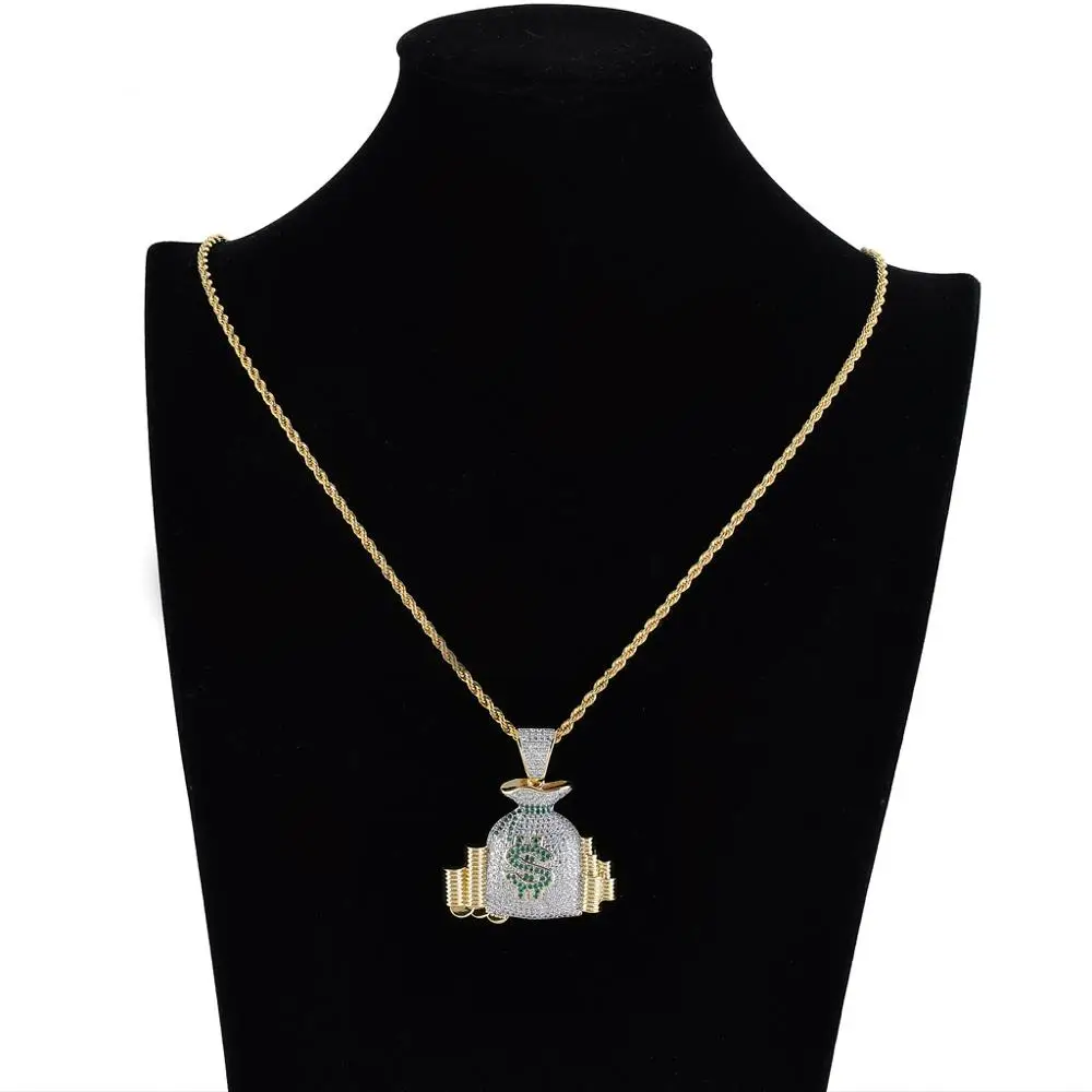 Iced Out Bling хип-хоп знак доллара сумка Шарм кулон Micro Pave лаборатория наличные МОНЕТЫ