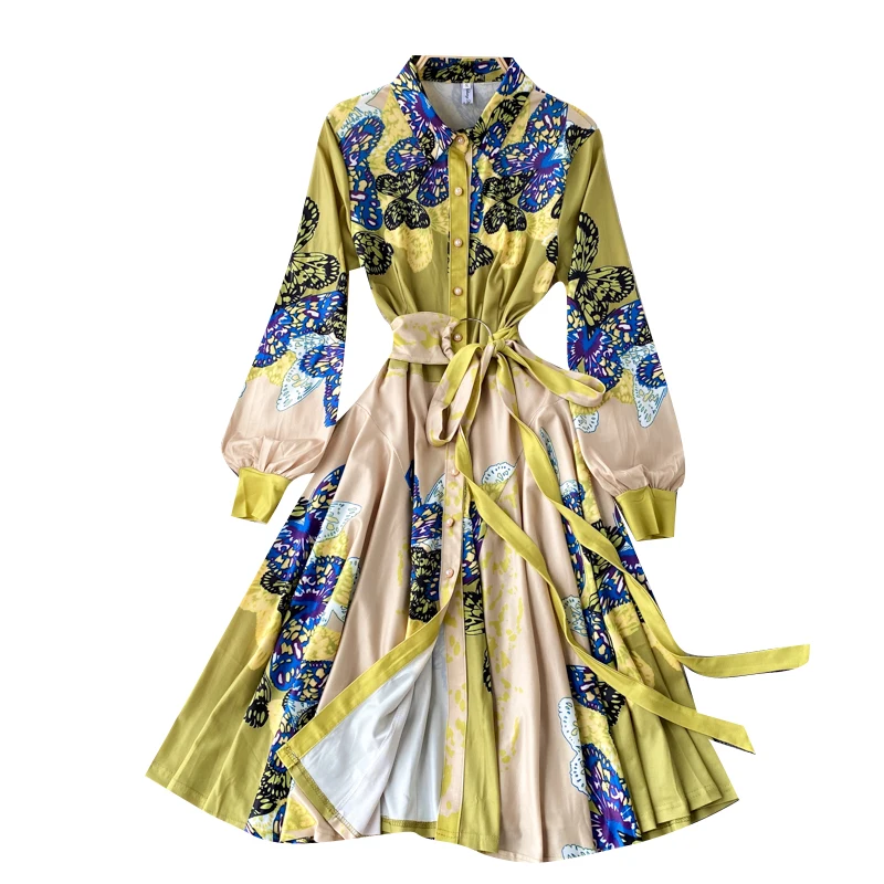 

Catwalk Style Temperament Lapel Button Buttoned Puff Sleeve Women's Slim Fit Belt Waist Slimming Printed Dress Women UK562