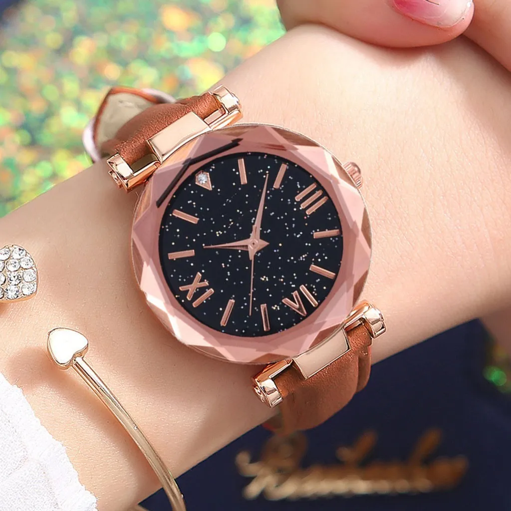 

Women Quartz Watches Stars Little Point Frosted Belt Wristwatch Dotted With Roman Scale Watches Reloj Mujer Zegarek Damski