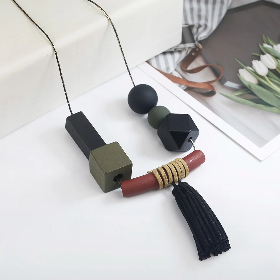 Геометрическое длинное ожерелье с деревянными бусинами для женщин длинные