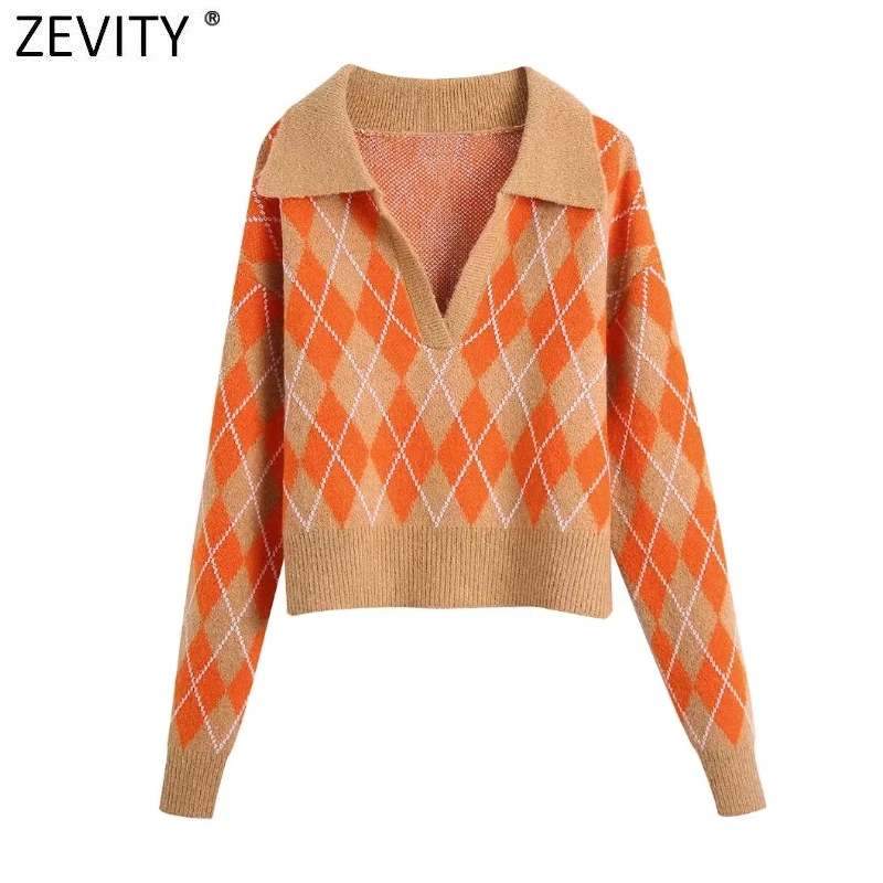 

Женский винтажный трикотажный свитер Zevity с V-образным вырезом и ромбовидным узором, женские шикарные базовые Топы с длинным рукавом в стиле ...