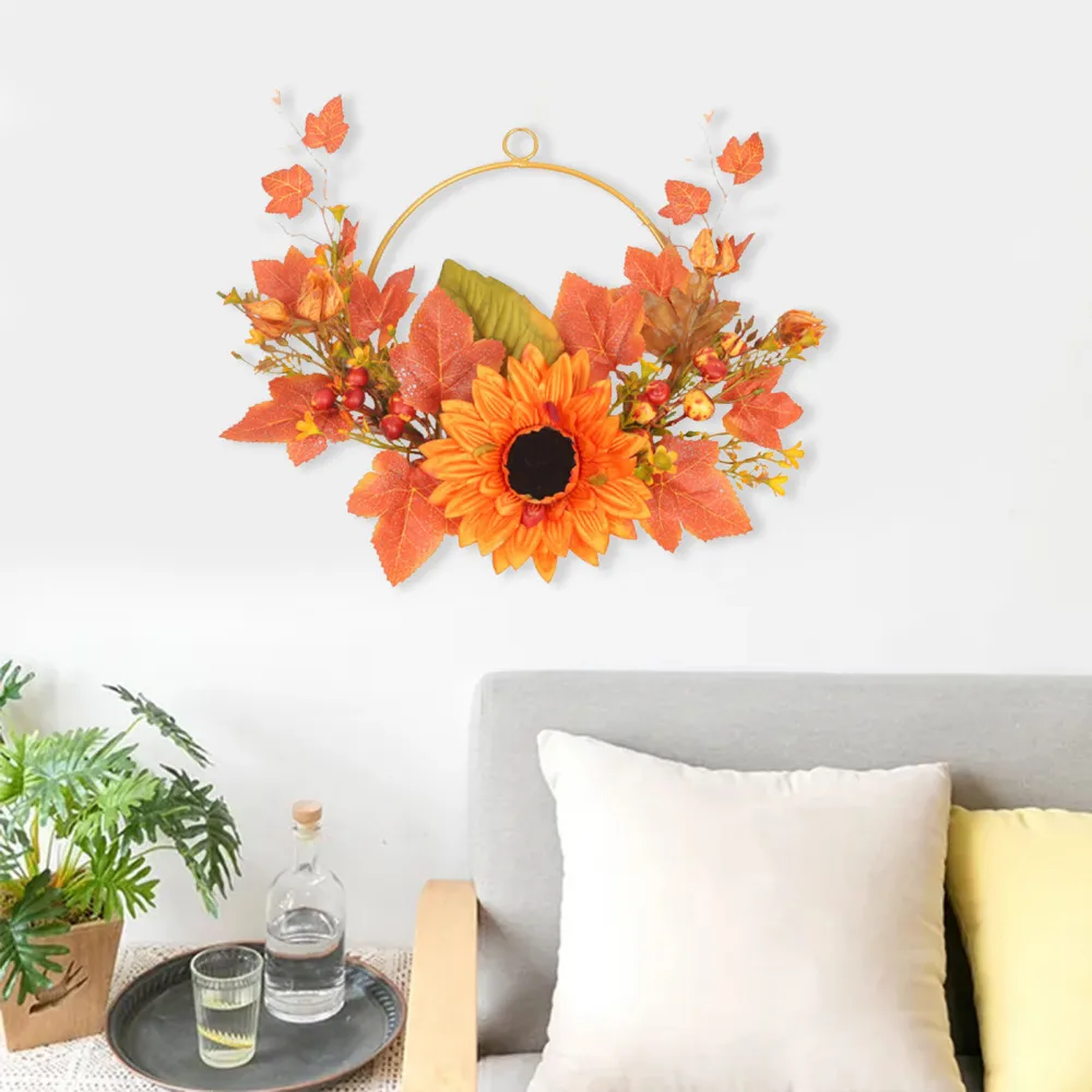 

Wall Hanging Sunflower Fake Flower Autumn Wreath Thanksgiving Garland Without Light Pendant Home Decoration Simulation
