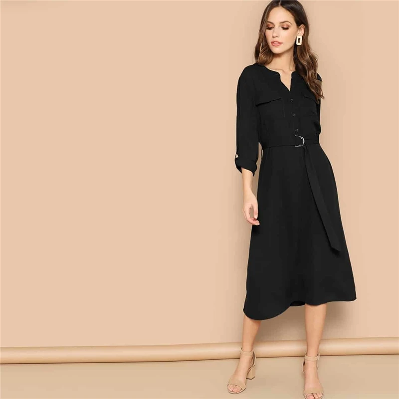 SHEIN закатать рукава рубашки с карманами поясом длинное платье Для женщин Весна с круглым вырезом Повседневное платье с длинным рукавом Женские миди платья