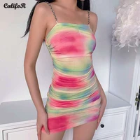 bodycon dress 2021 new sexy backless fashion tie dye folds vestidos woman casual womens clothing chain sling club party dresses