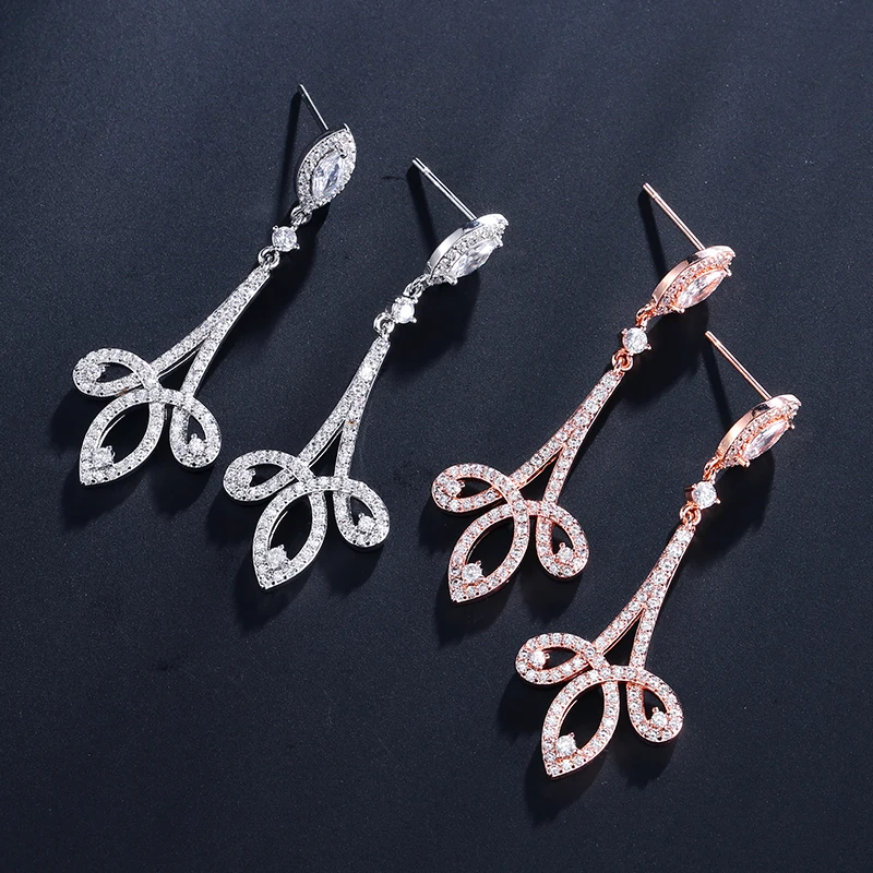 Женские серьги подвески FEEHOW длинные с большим листом и фианитом в этническом