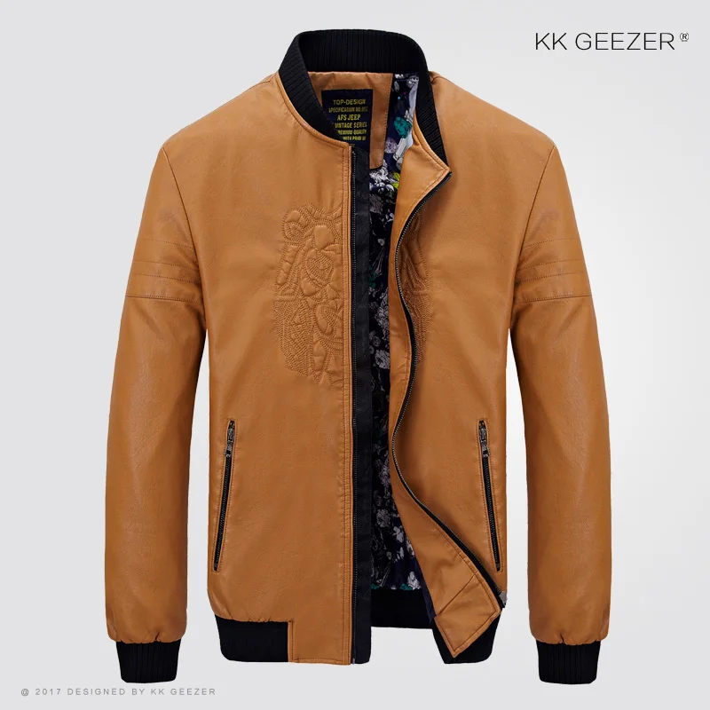 K5501 Orange Мужская кожаная куртка-бомбер Черная роскошная приталенная уличная марка для мотоциклов Большие размеры Пальто Весна Осень года Повседневная водонепроницаемая флисовая ветровка Водонепроницаемая схема столкновения - Цвет: K5501 Orange