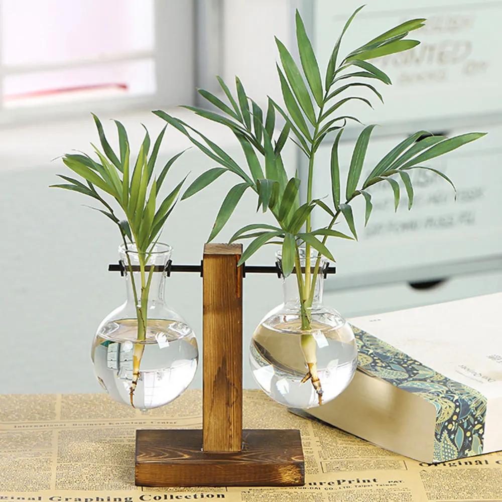 Nordic Simple Hydroponic Plant Vases Vintage Flower Pot Transparent Vase Wooden Frame Glass Tabletop Plants Home Bonsai Decor
