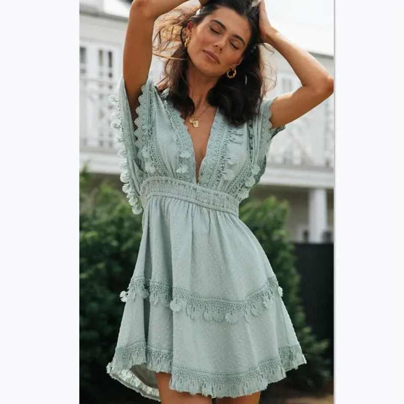 

New Arrival Women Lace Dress 2021 Summer Casual Deep V-neck Flare Sleeves Slim Mini Dress