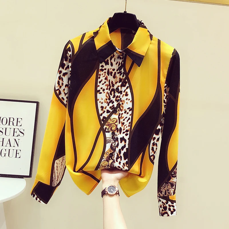 

2021 Spring Retro Hong Kong Style High-End Chiffon Shirt Fashion Leopard Print Long Sleeve Women Top Elegant Button Up Blouse
