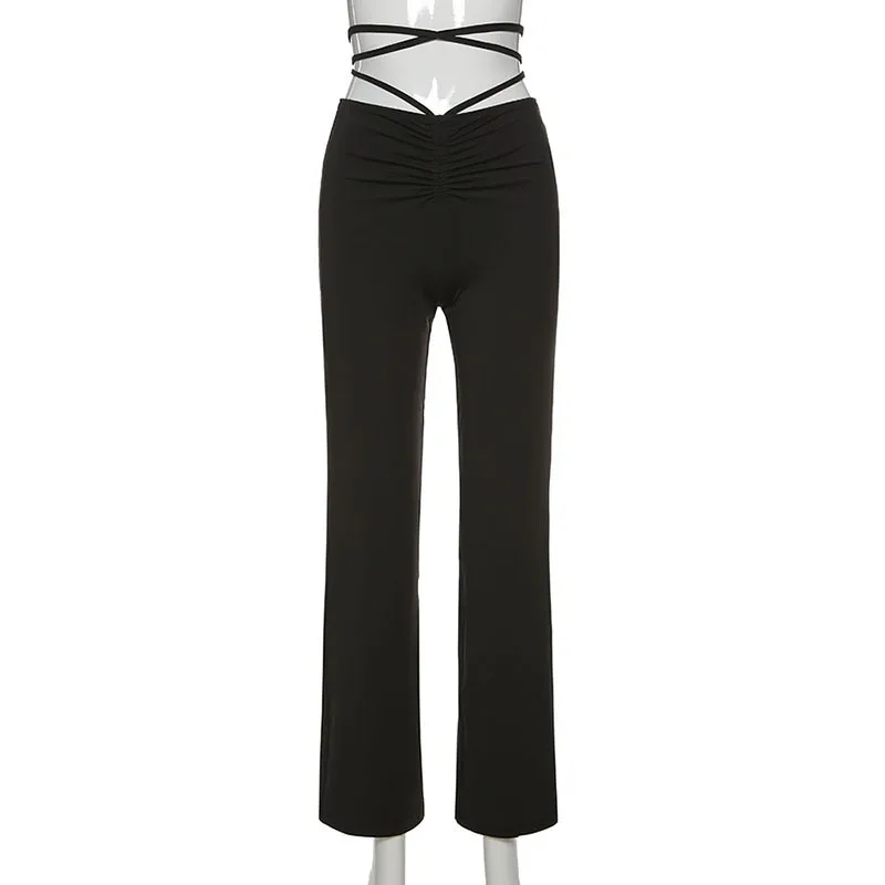 

Luzuzi Summer Women's New High Waist Hollow Bandage Straight Leg Pants Simple Kpop Casual Pants Y2K Punk Street Trousers