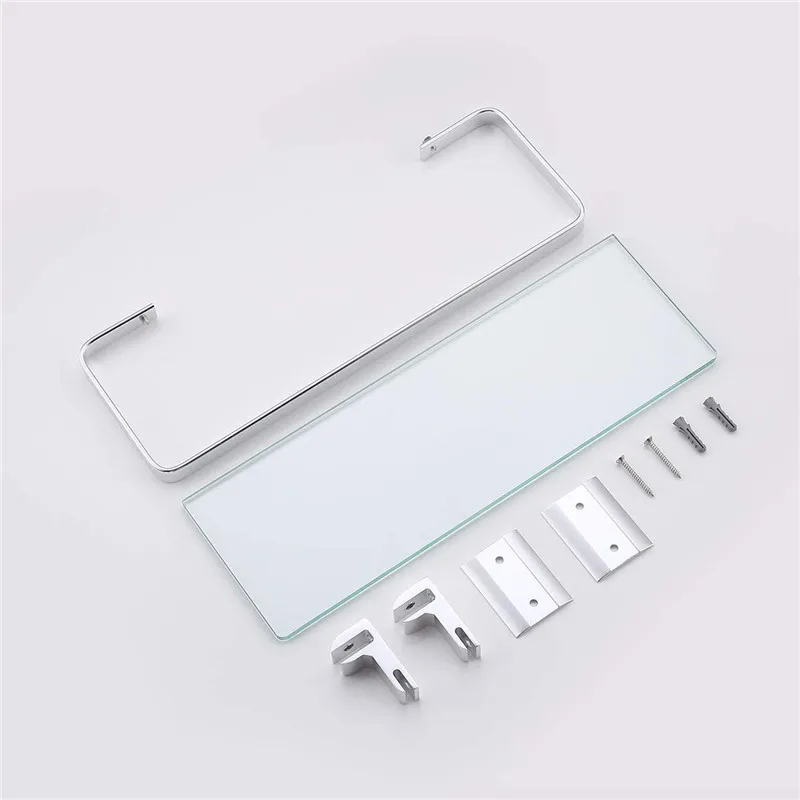 

QUANXUNHE Tempered Glass Bathroom Shelf Aluminum Storage Organizer Rack Rectangular 30 40 50cm 1 Tier Silver Sand Sprayed