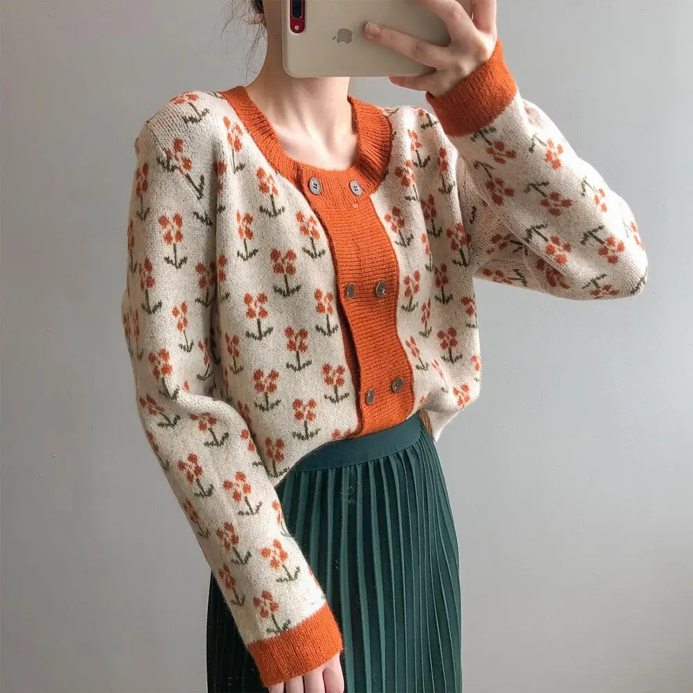 

Double-breasted jacquard Knit Cardigan 2020 Autumn/winter New Korean version temperatures-contrast sweater woman