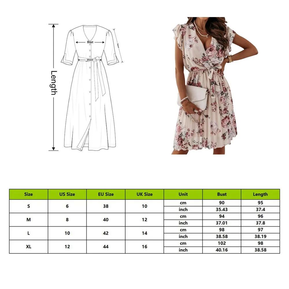 

Women Floral Print Party Dresses Sexy Summer Short Sleeve V-Neck Pleated Mini Dress For Ladies 2021 Elegant Fashion Ruffle Dress