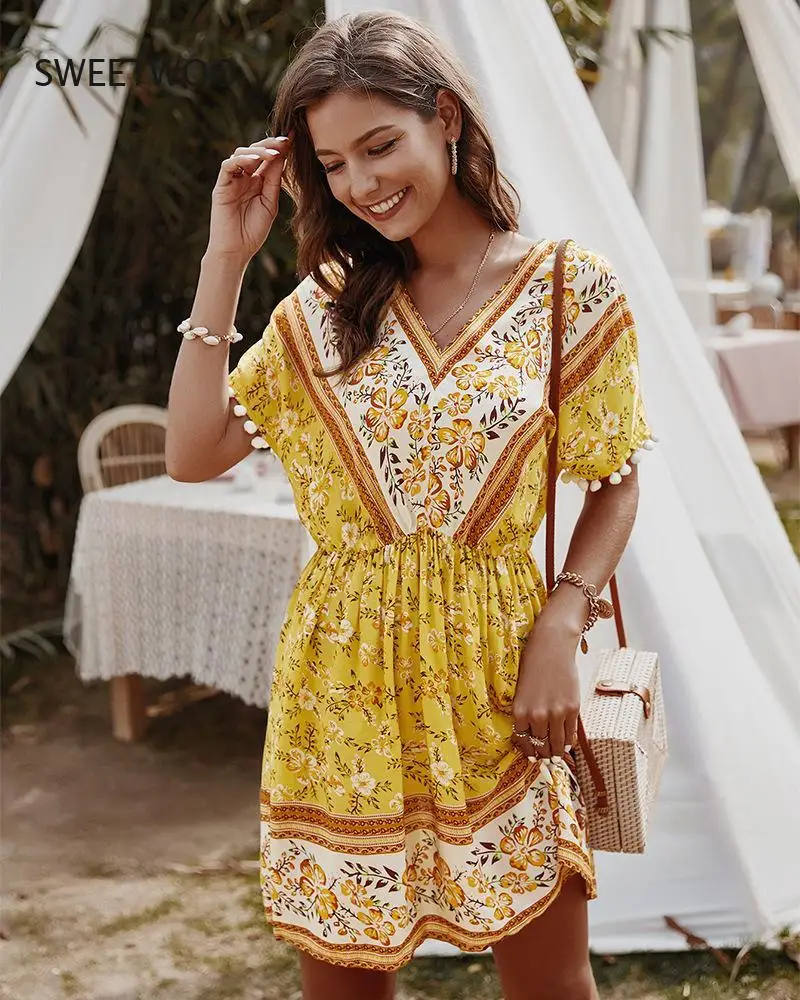 

Summer Elegant Ladies Floral Print Dress Women 2021 New A-Line Cotton Bohemian V-Neck High Waist Short Sleeve Vacation Dress