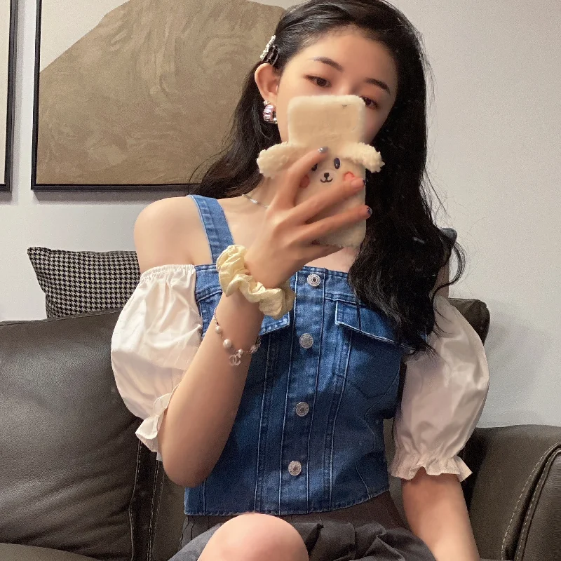 

KUSAHIKI Demin Patchwork Puff Short Sleeve Blouse Shirt Sweet Korean Strapless Women Tops 2021 Summer New Short Blusas 6G356